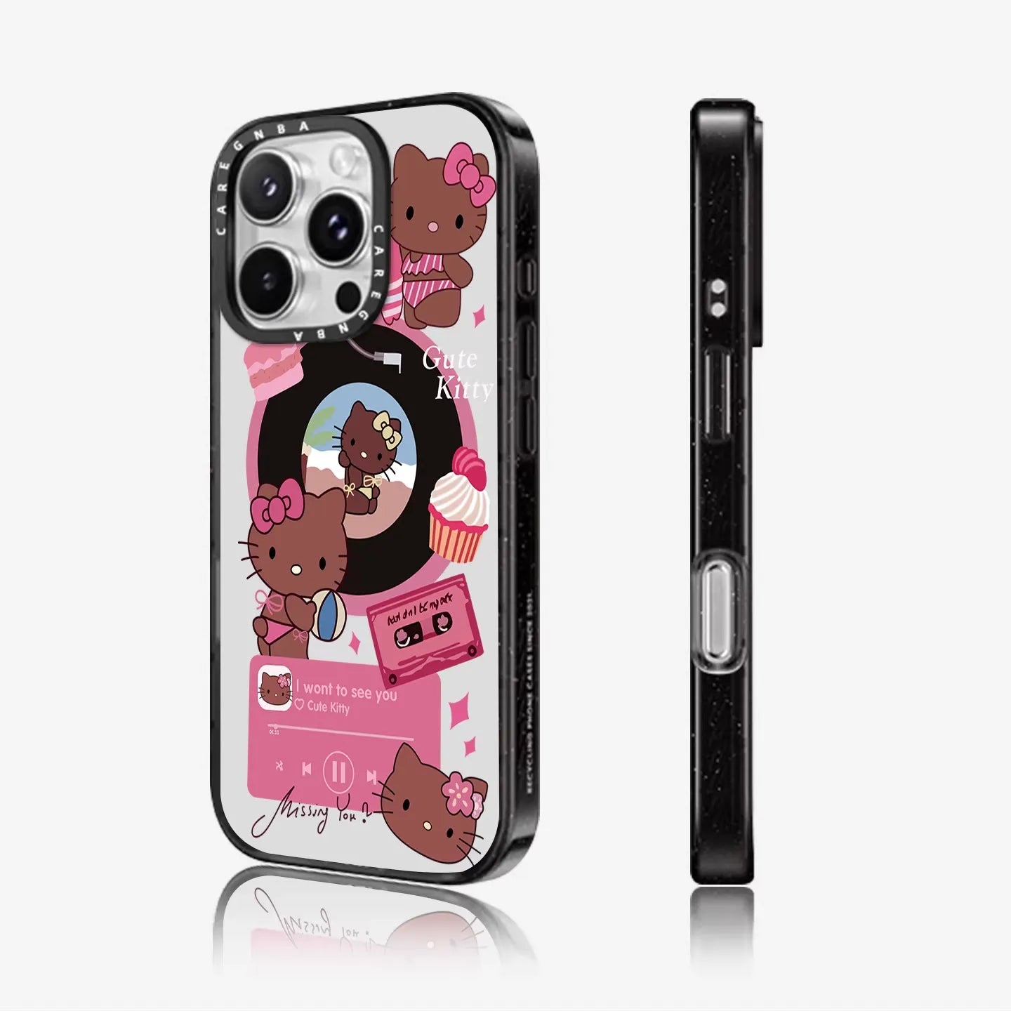 Black and Pink Kitty Apple Magnetic Phone Case for iPhone
