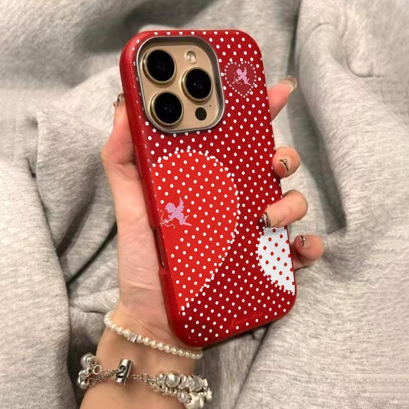 Metal Frame Leather Texture Polka Dot Red Heart Phone Case