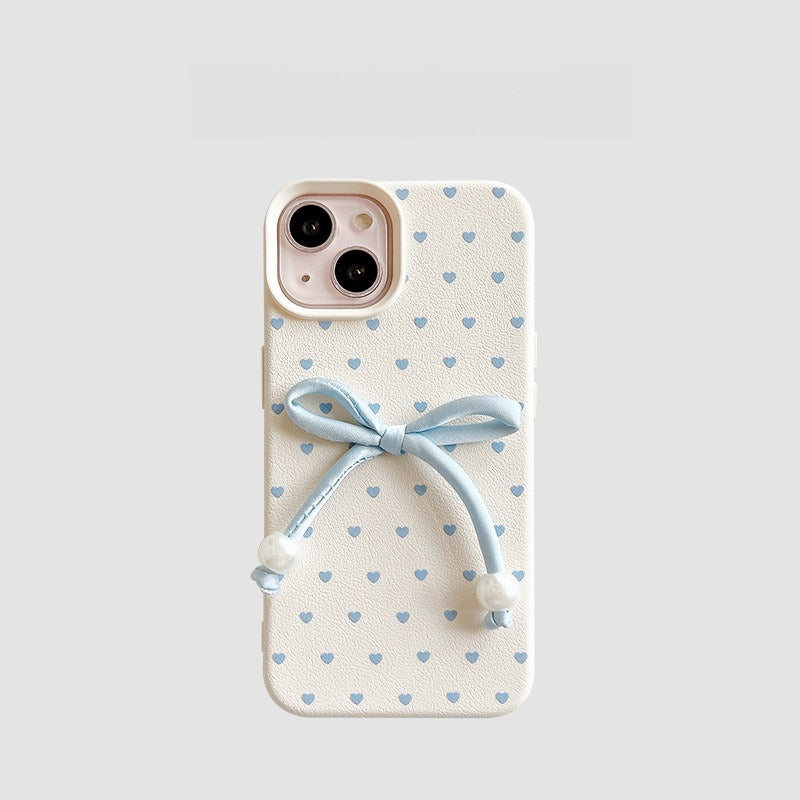 Ins Style Milky Blue Pearl Bow Heart Phone Case