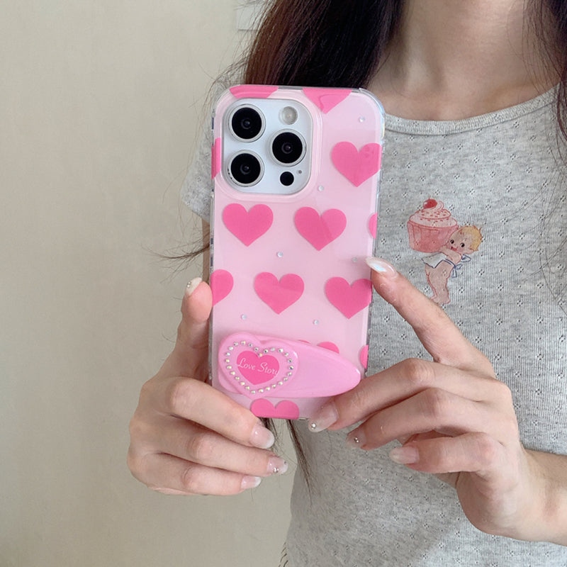 Sparkling Rhinestone Pink Heart Hair Clip Stand Phone Case