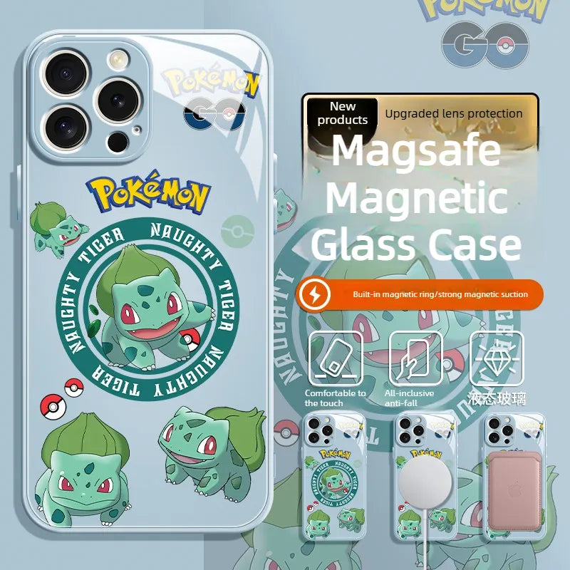 Pokemon Bulbasaur Glass Magsafe Magnetic Phone Case Cover For iPhone