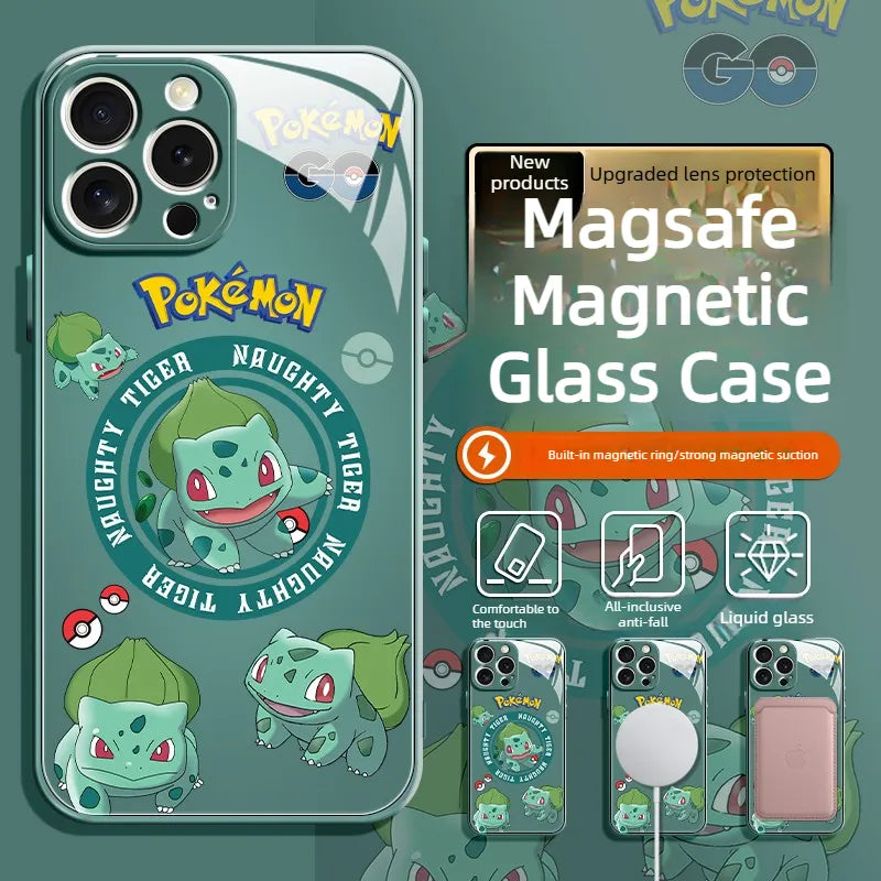 Pokemon Bulbasaur Glass Magsafe Magnetic Phone Case Cover For iPhone