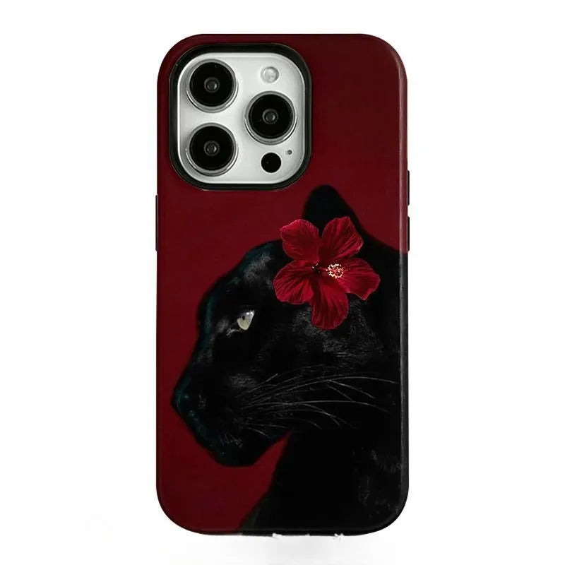 Fierce Black Panther and Red Flower Art Phone Case