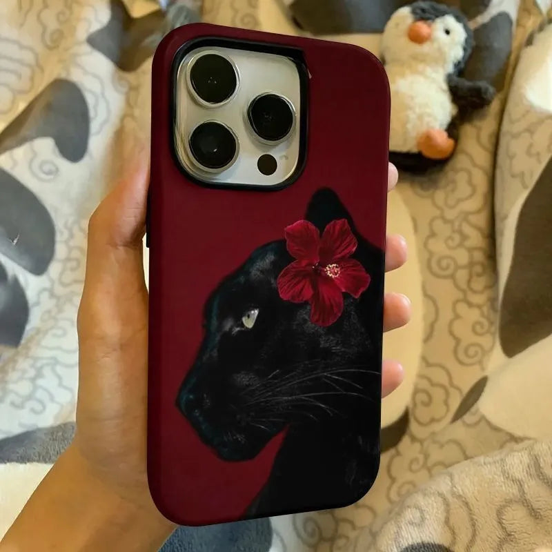 Fierce Black Panther and Red Flower Art Phone Case