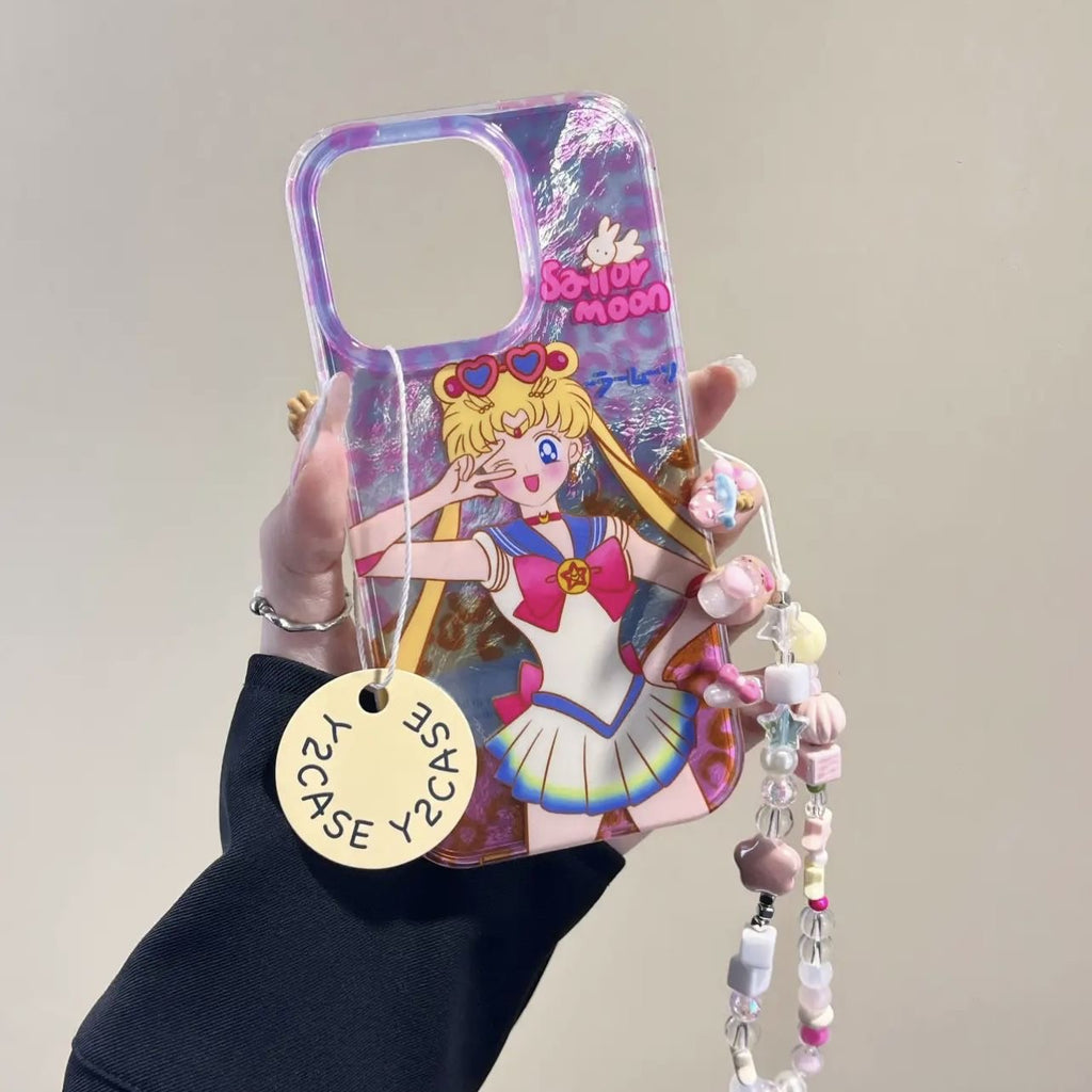 Funda para teléfono con estampado de leopardo rosa de Sailor Moon y dije