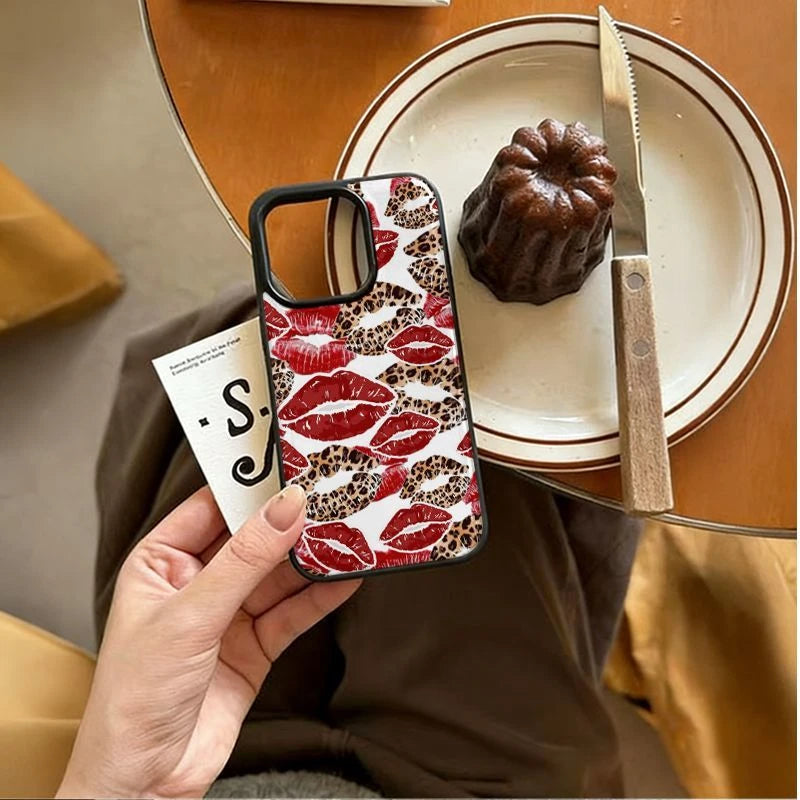 Leopard & Red Lips Pattern Magsafe Phone Case for iPhone