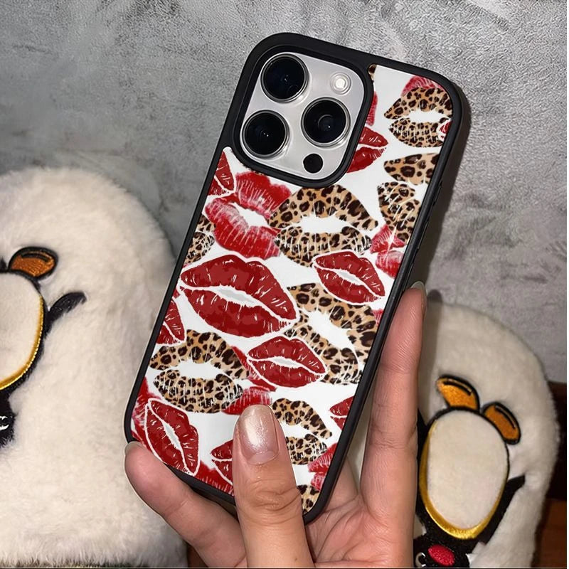 Leopard & Red Lips Pattern Magsafe Phone Case for iPhone