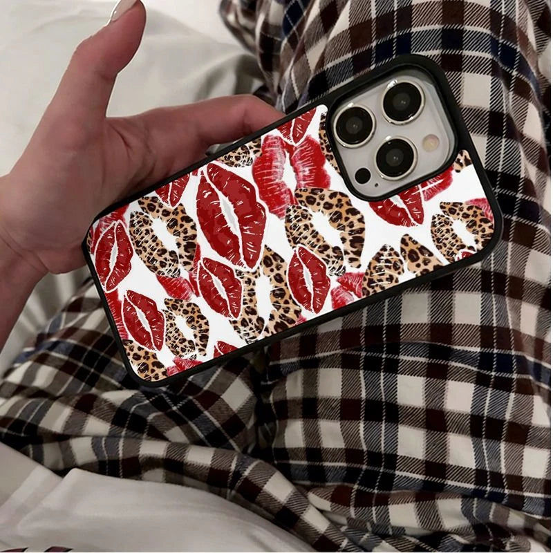 Leopard & Red Lips Pattern Magsafe Phone Case for iPhone