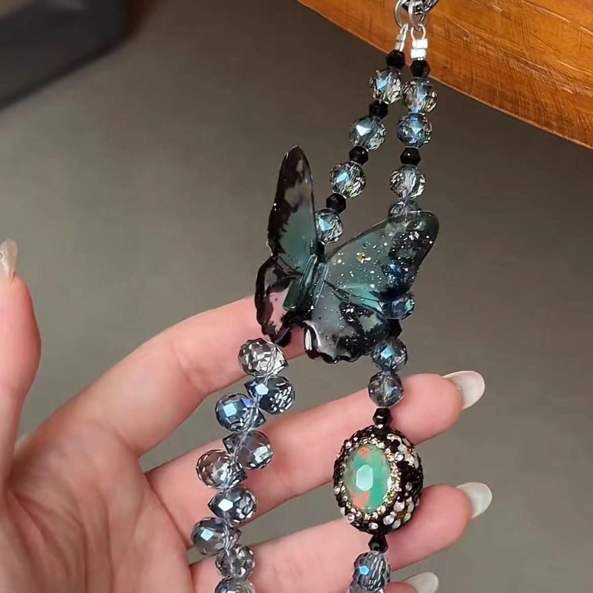 New Butterfly Beaded Pendant Crystal Handmade Lanyard Flash Phone Straps - HelloAnimeCases