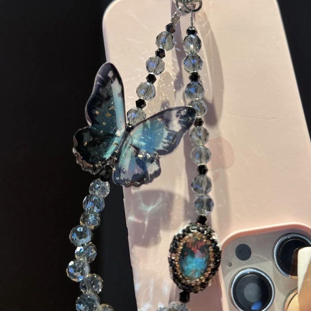 New Butterfly Beaded Pendant Crystal Handmade Lanyard Flash Phone Straps - HelloAnimeCases
