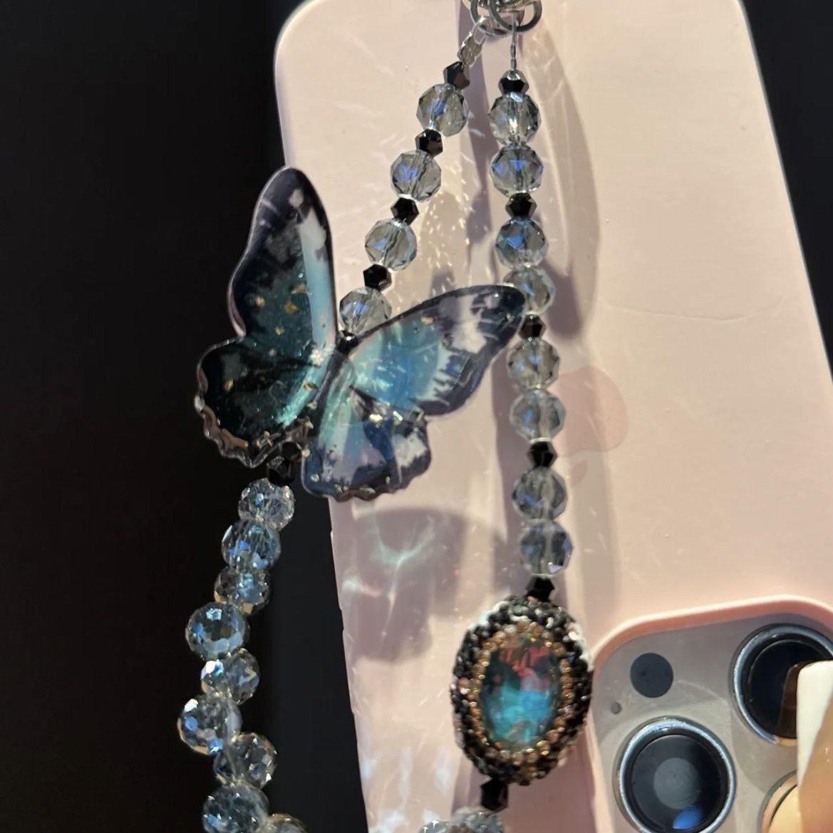 New Butterfly Beaded Pendant Crystal Handmade Lanyard Flash Phone Straps - HelloAnimeCases