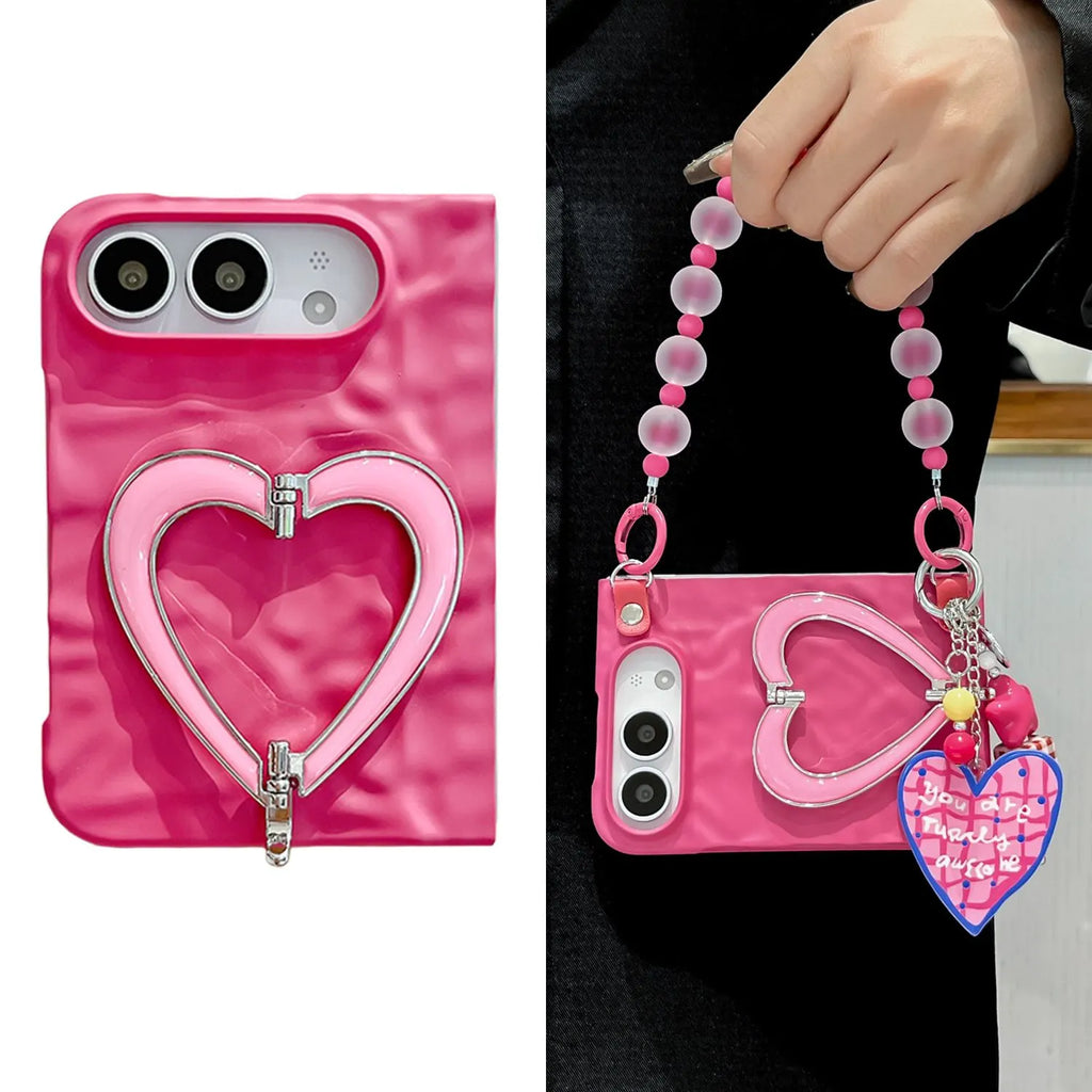 Pink Heart iPhone Duo Phone Case with Heart Chain