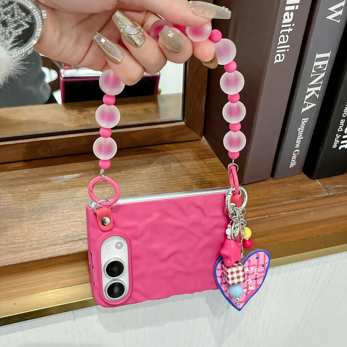 Pink Heart iPhone Duo Phone Case with Heart Chain