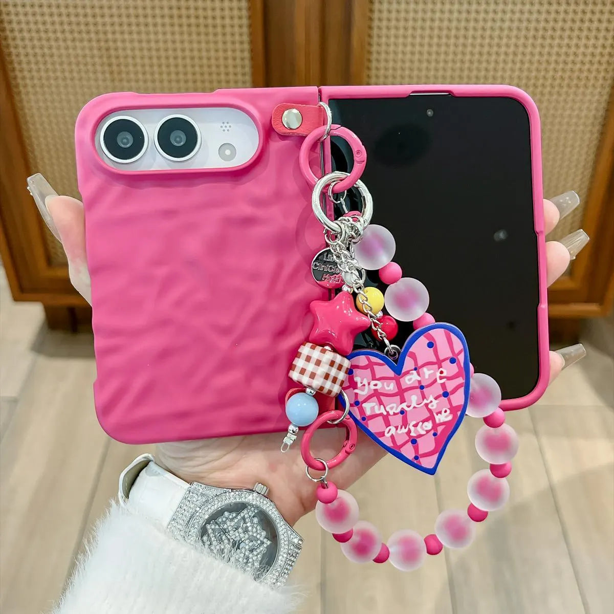 Pink Heart iPhone Duo Phone Case with Heart Chain