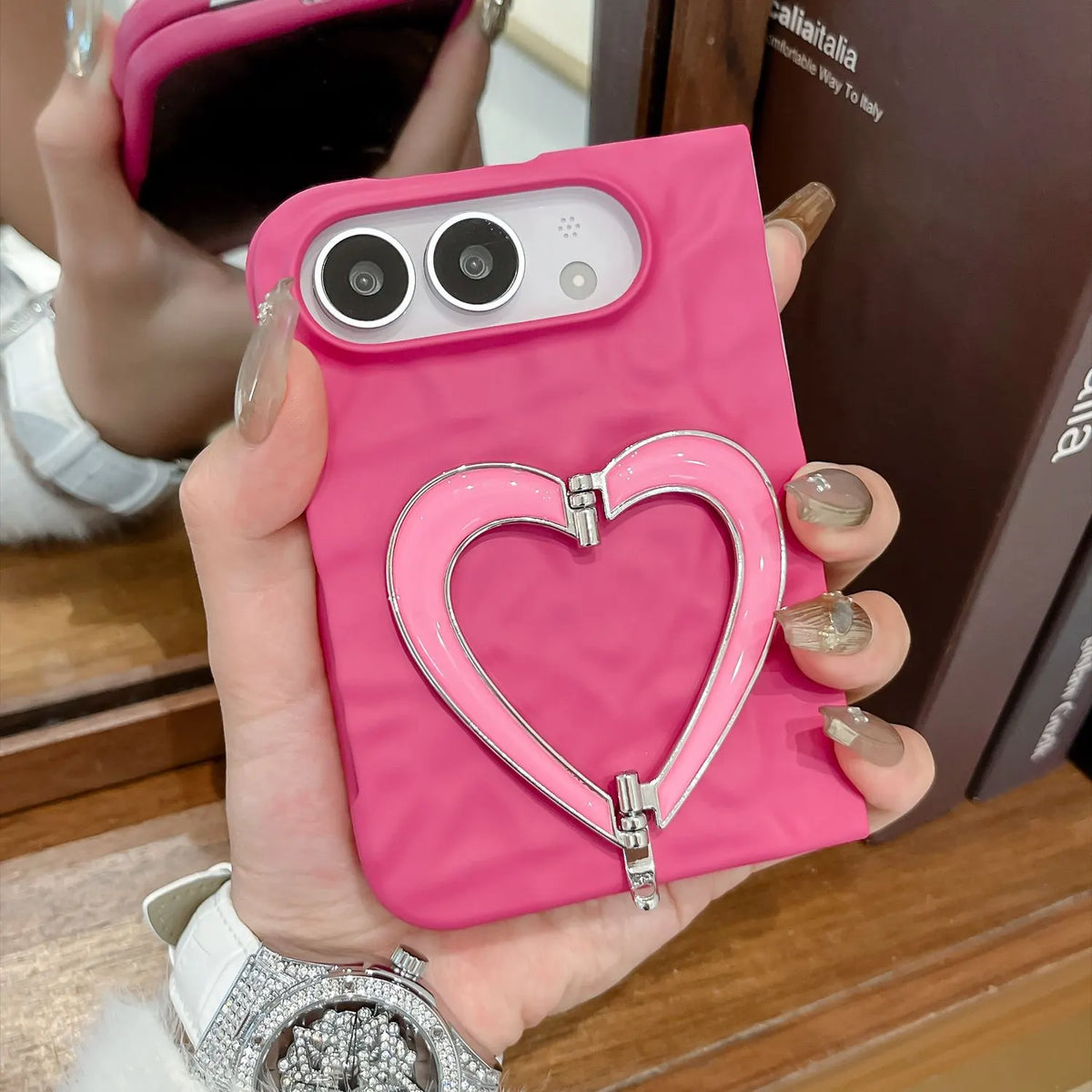 Pink Heart iPhone Duo Phone Case with Heart Chain