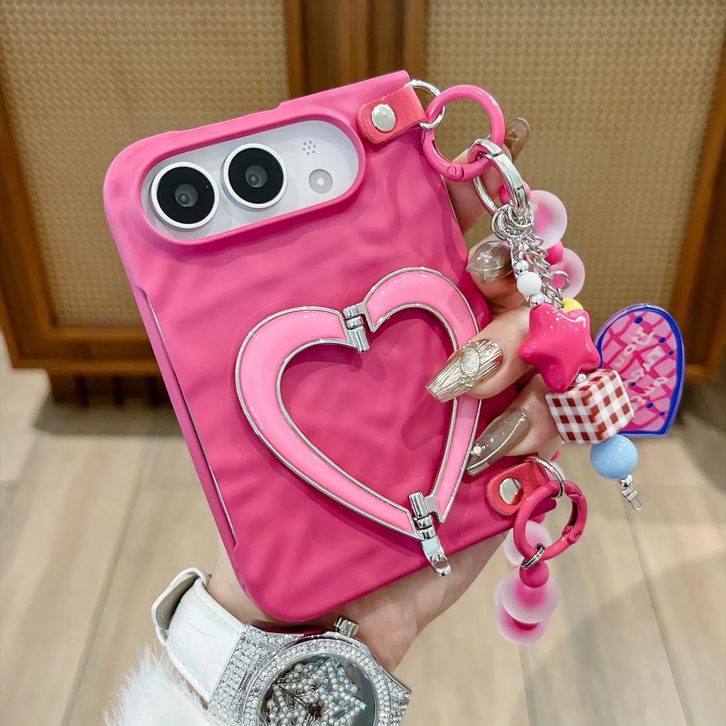 Pink Heart iPhone Duo Phone Case with Heart Chain