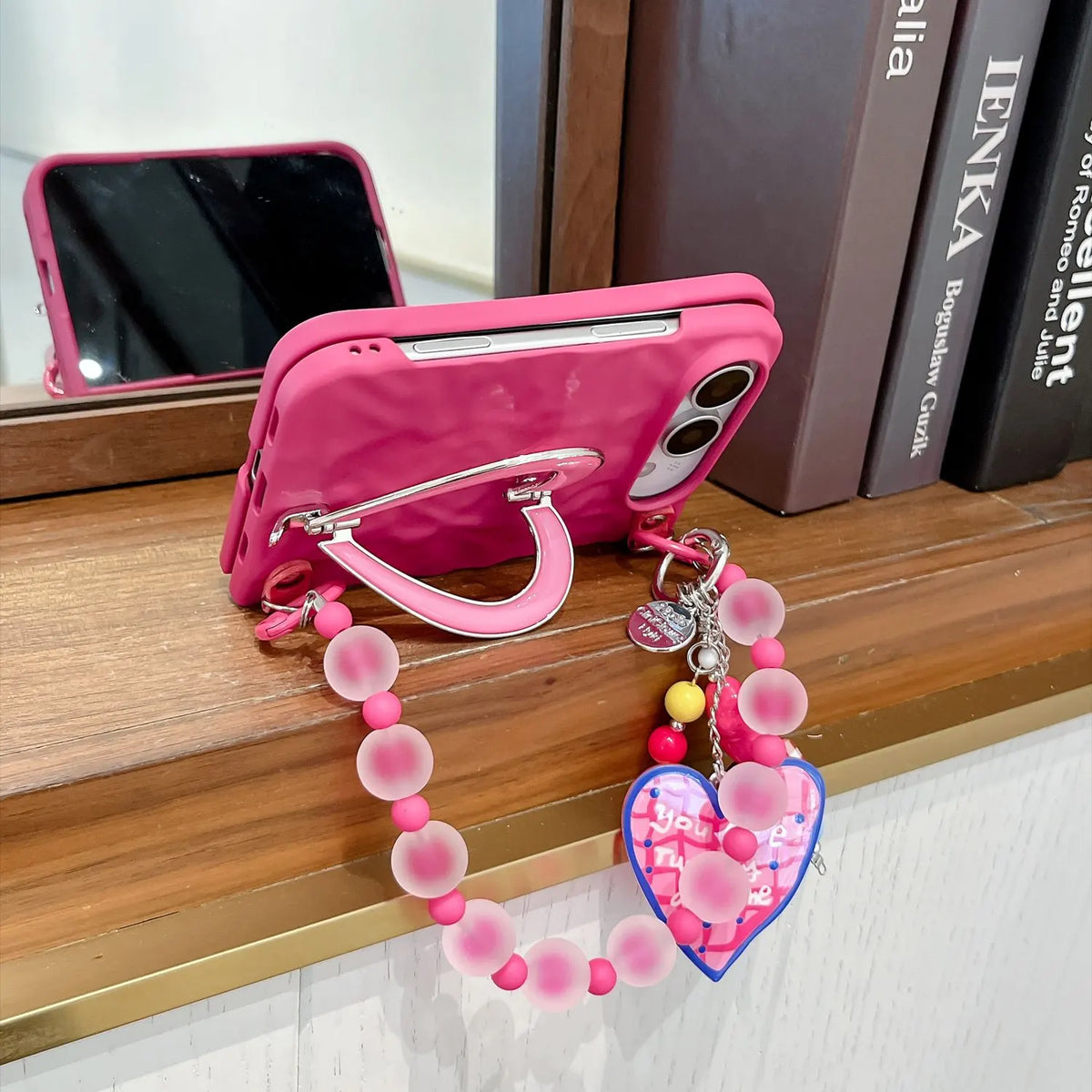 Pink Heart iPhone Duo Phone Case with Heart Chain