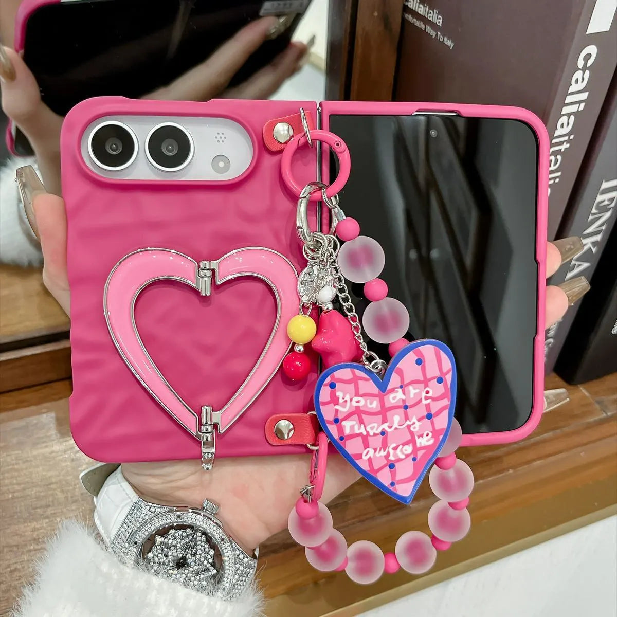 Pink Heart iPhone Duo Phone Case with Heart Chain