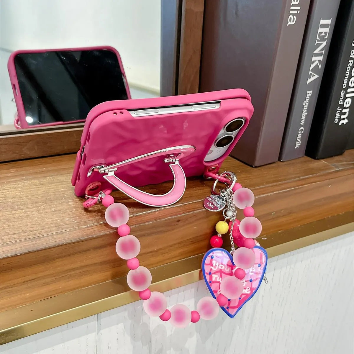 Pink Heart iPhone Duo Phone Case with Heart Chain