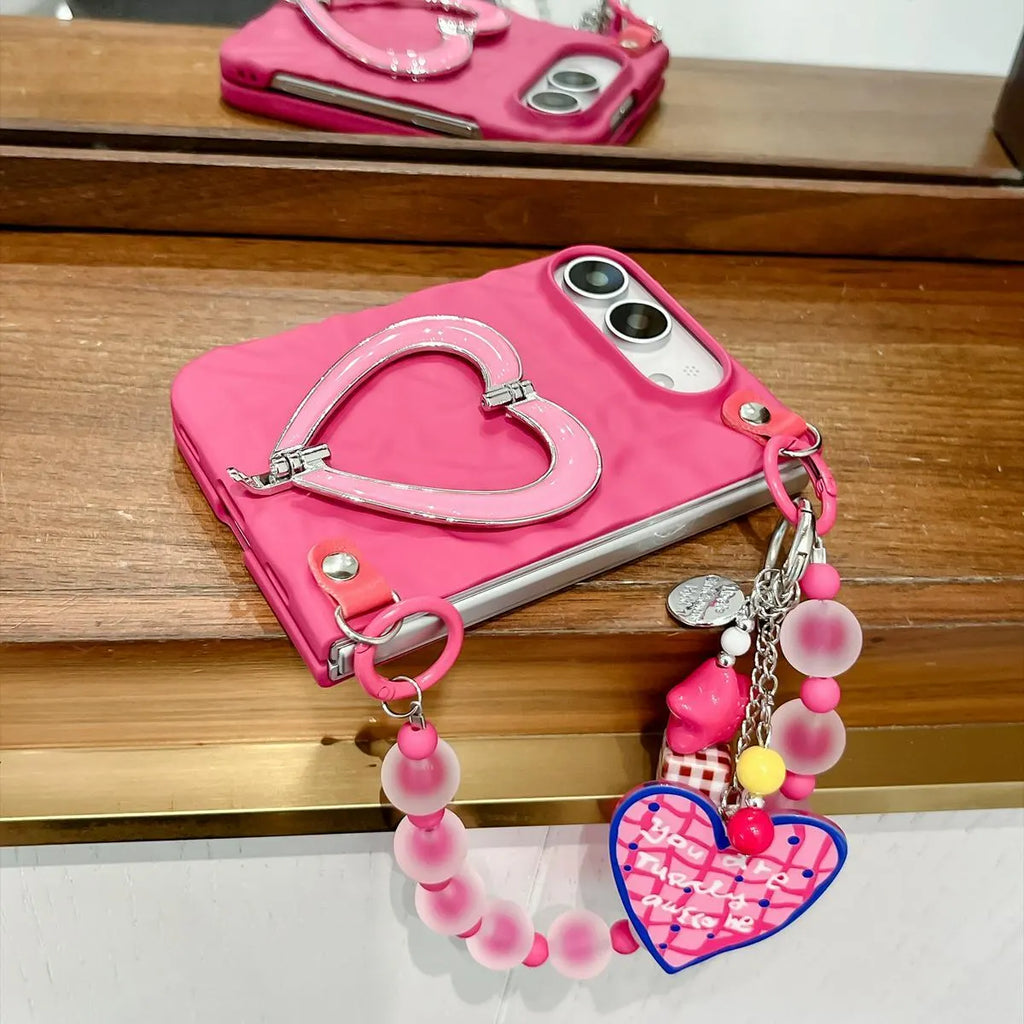 Pink Heart iPhone Duo Phone Case with Heart Chain