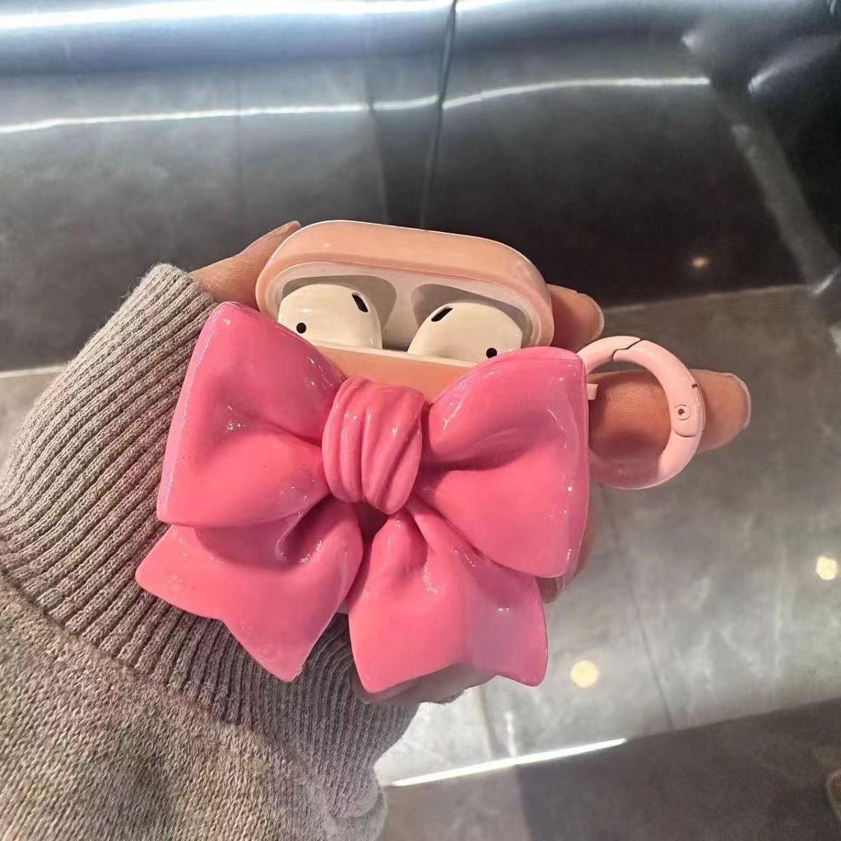 Pink Bow Cute AirPods Pro Case with Keychain Loop - HelloAnimeCases