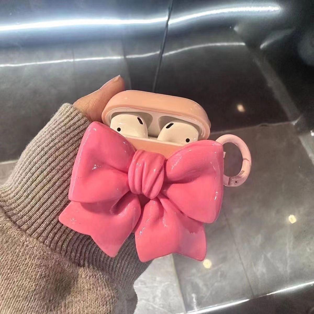 Pink Bow Cute AirPods Pro Case with Keychain Loop - HelloAnimeCases