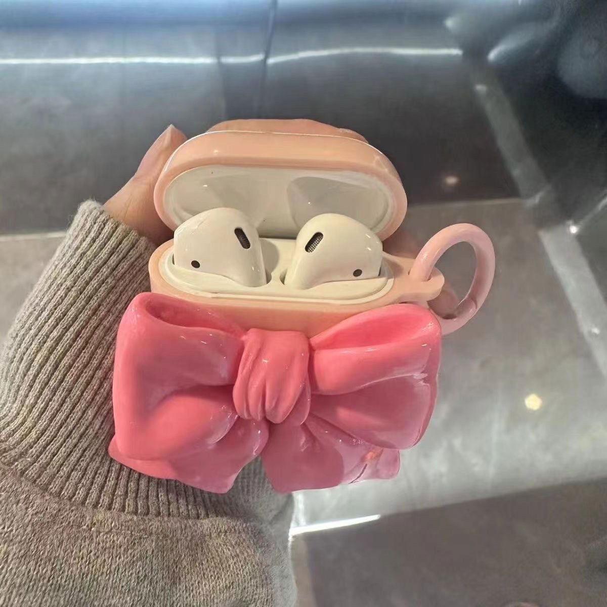 Pink Bow Cute AirPods Pro Case with Keychain Loop - HelloAnimeCases