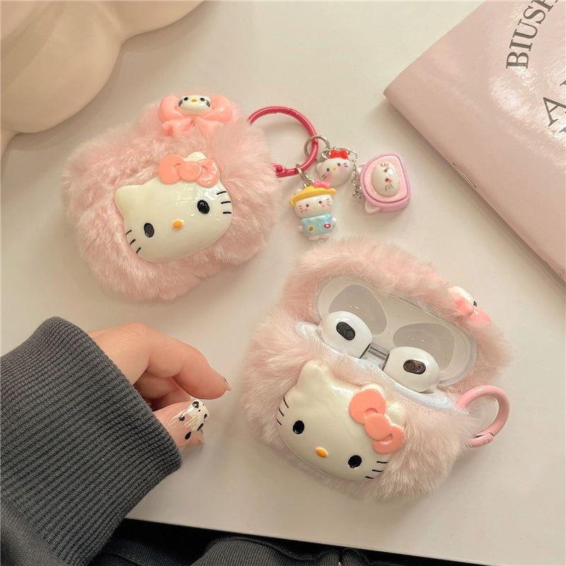 Plush Cute Cartoon Kitty AirPods Case Cover with Keychain Loop - HelloAnimeCases