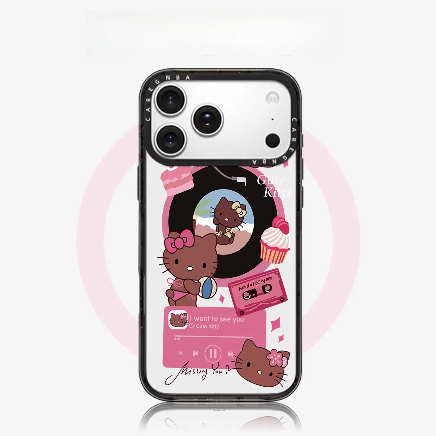 Black and Pink Kitty Apple Magnetic Phone Case for iPhone