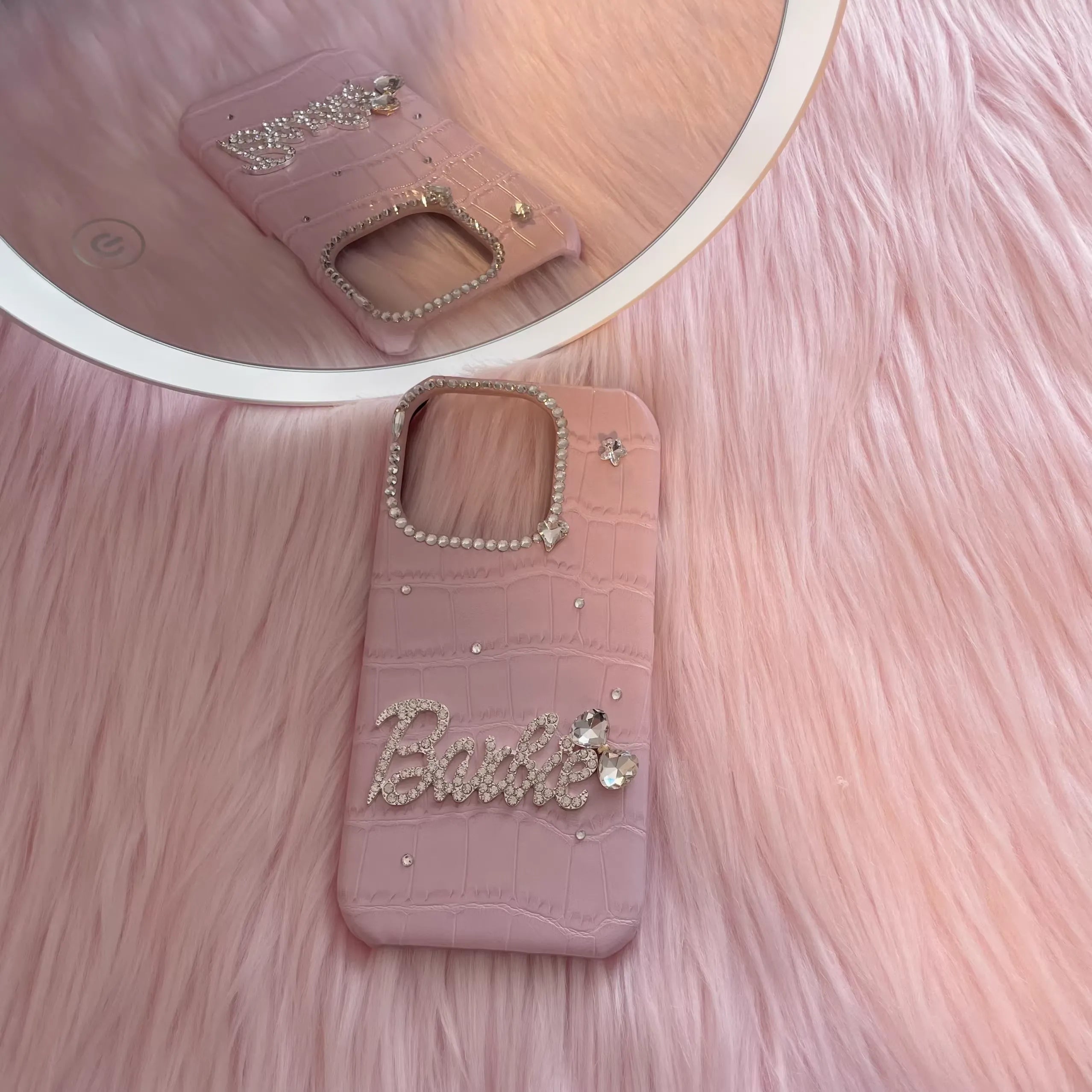 Pink Barbie Alligator Leather Bow Rhinestone Phone Case for iPhone