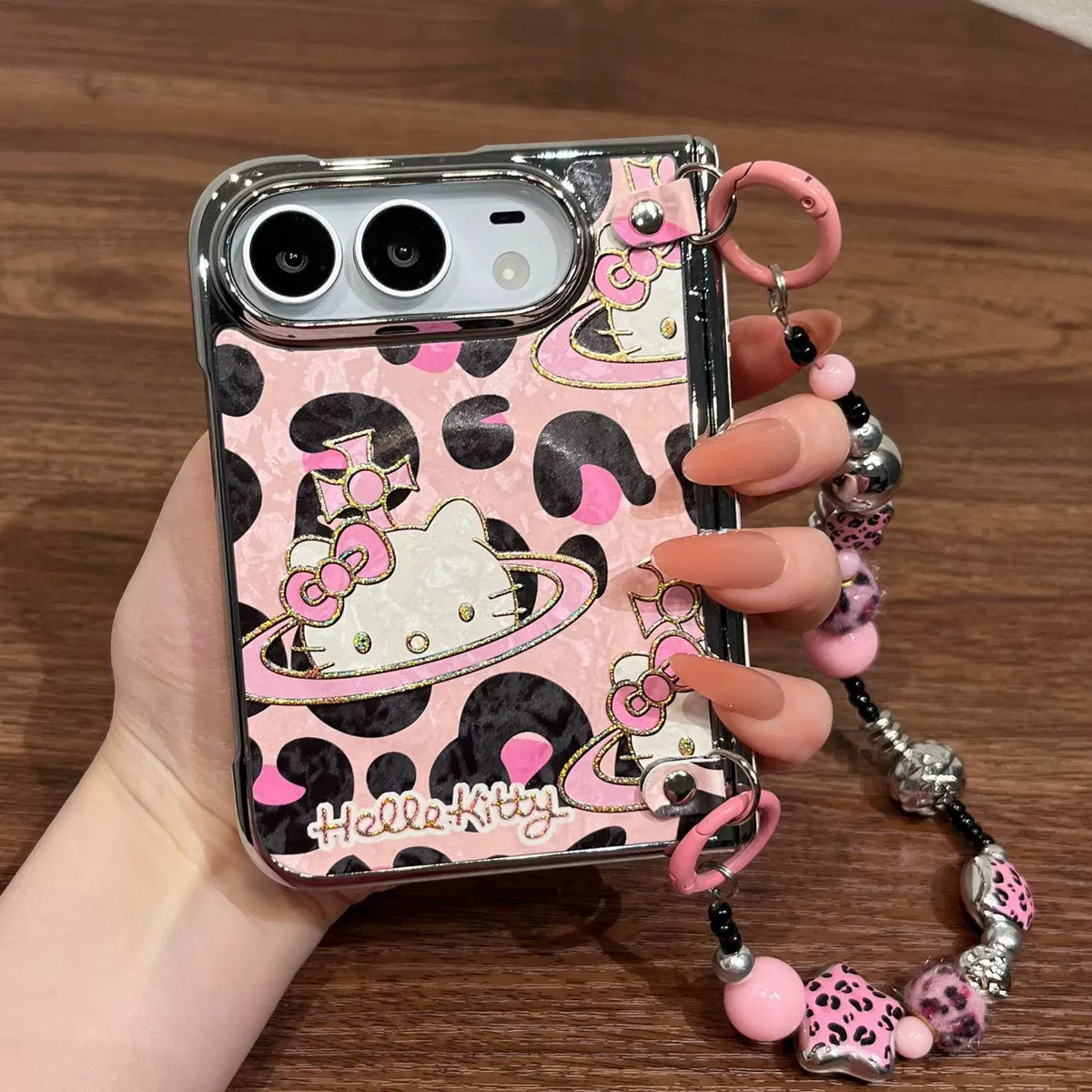Pink Leopard Hello Kitty Apple iPhone Duo Phone Case with Pink Phone Strap