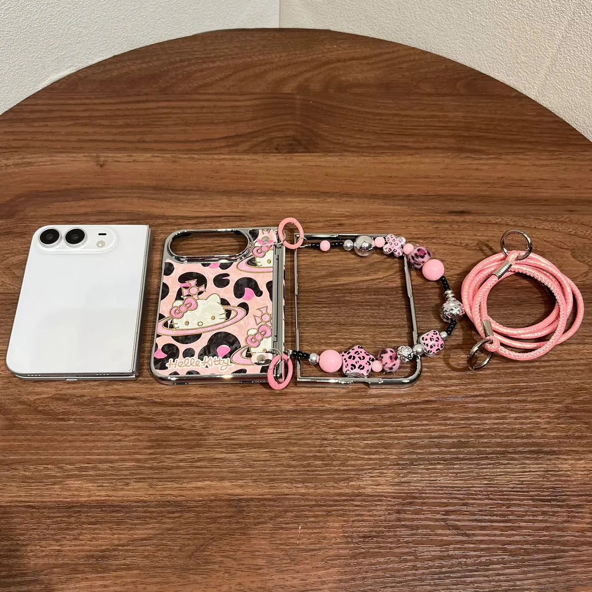 Pink Leopard Hello Kitty Apple iPhone Duo Phone Case with Pink Phone Strap