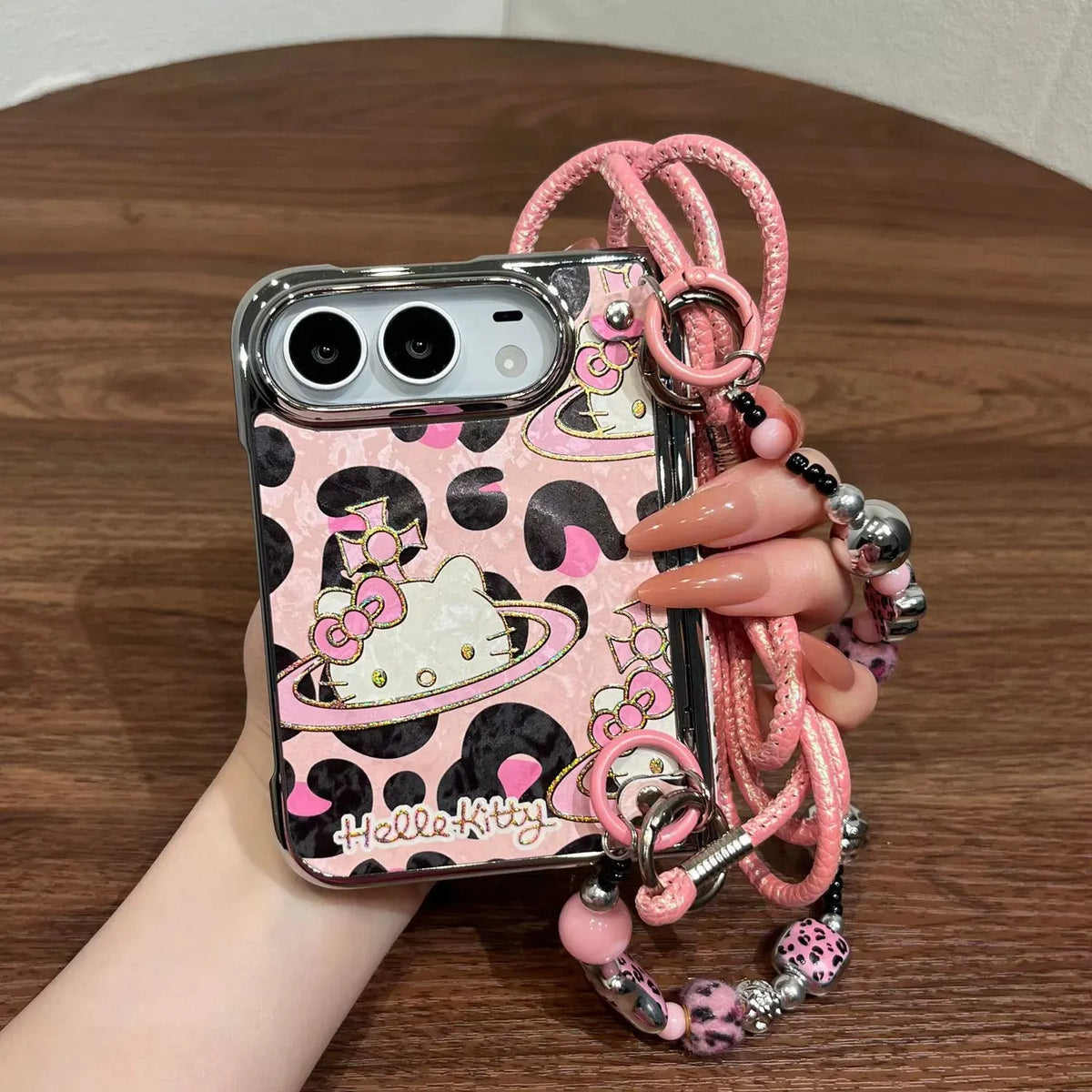 Pink Leopard Hello Kitty Apple iPhone Duo Phone Case with Pink Phone Strap