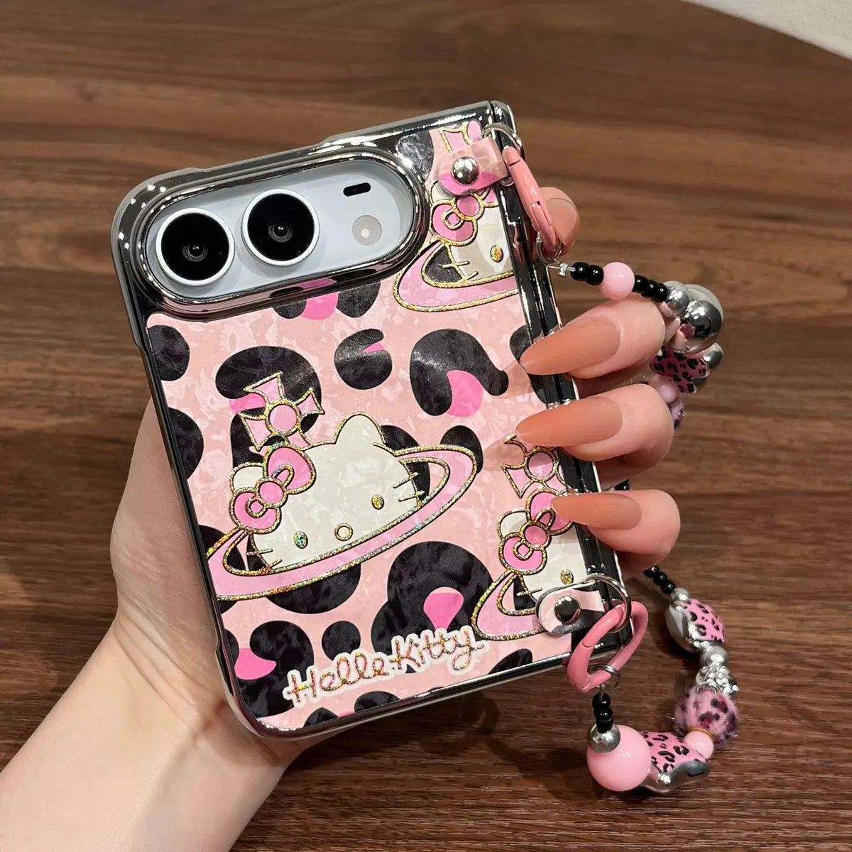 Pink Leopard Hello Kitty Apple iPhone Duo Phone Case with Pink Phone Strap